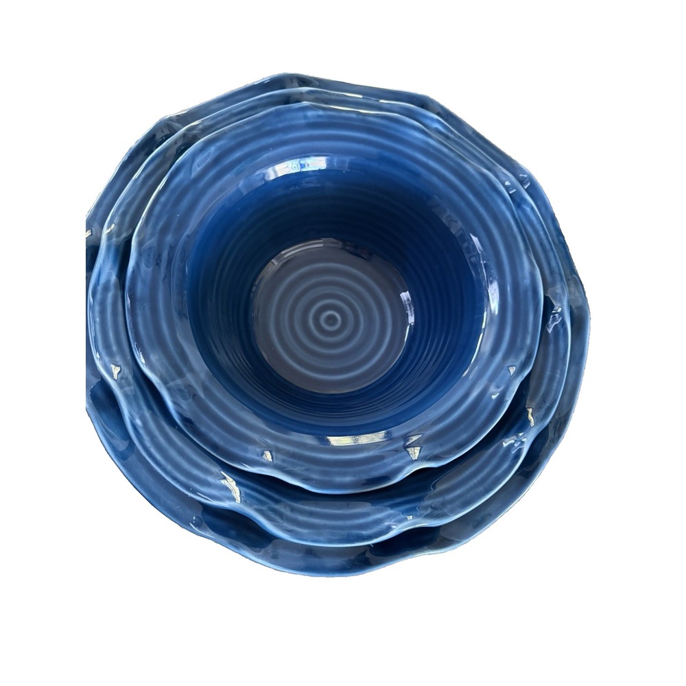 Y2K Vintage NapaStyle Blue Nesting Bowls Set of 3 Ruffled Scallop Edge XL 13.5"